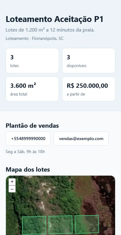 Página de vendas aberta num celular: nome do empreendimento, número de lotes, lotes disponíveis, área total, valor a partir de, plantão de vendas e o mapa dos lotes sobre a imagem de satélite