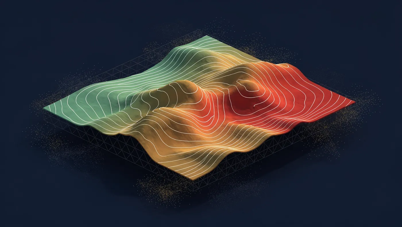Modelo tridimensional do relevo do terreno com gradiente de declividade do verde ao vermelho e curvas de nível brancas