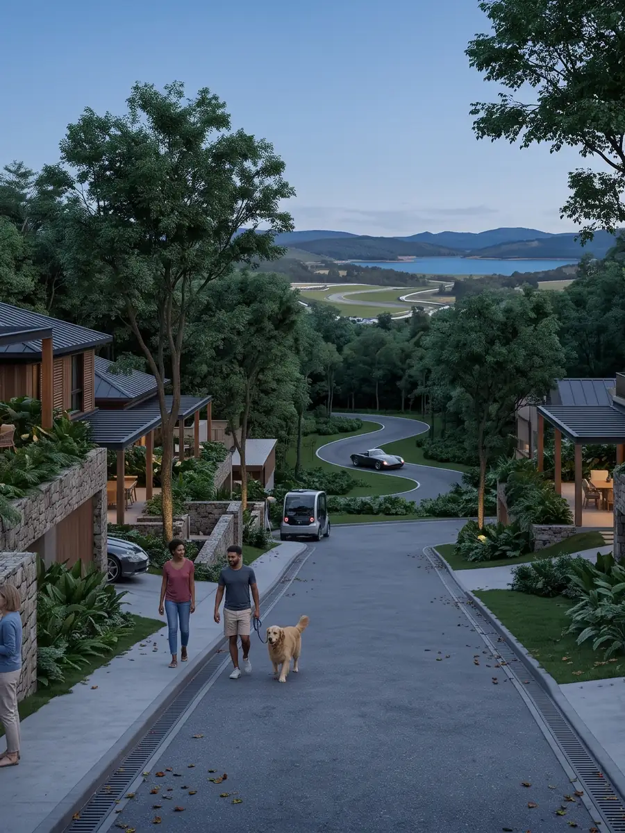Rua residencial ao entardecer vista no sentido do declive, com moradores caminhando, edificações de telhado baixo entre a vegetação e um braço de lago ao fundo