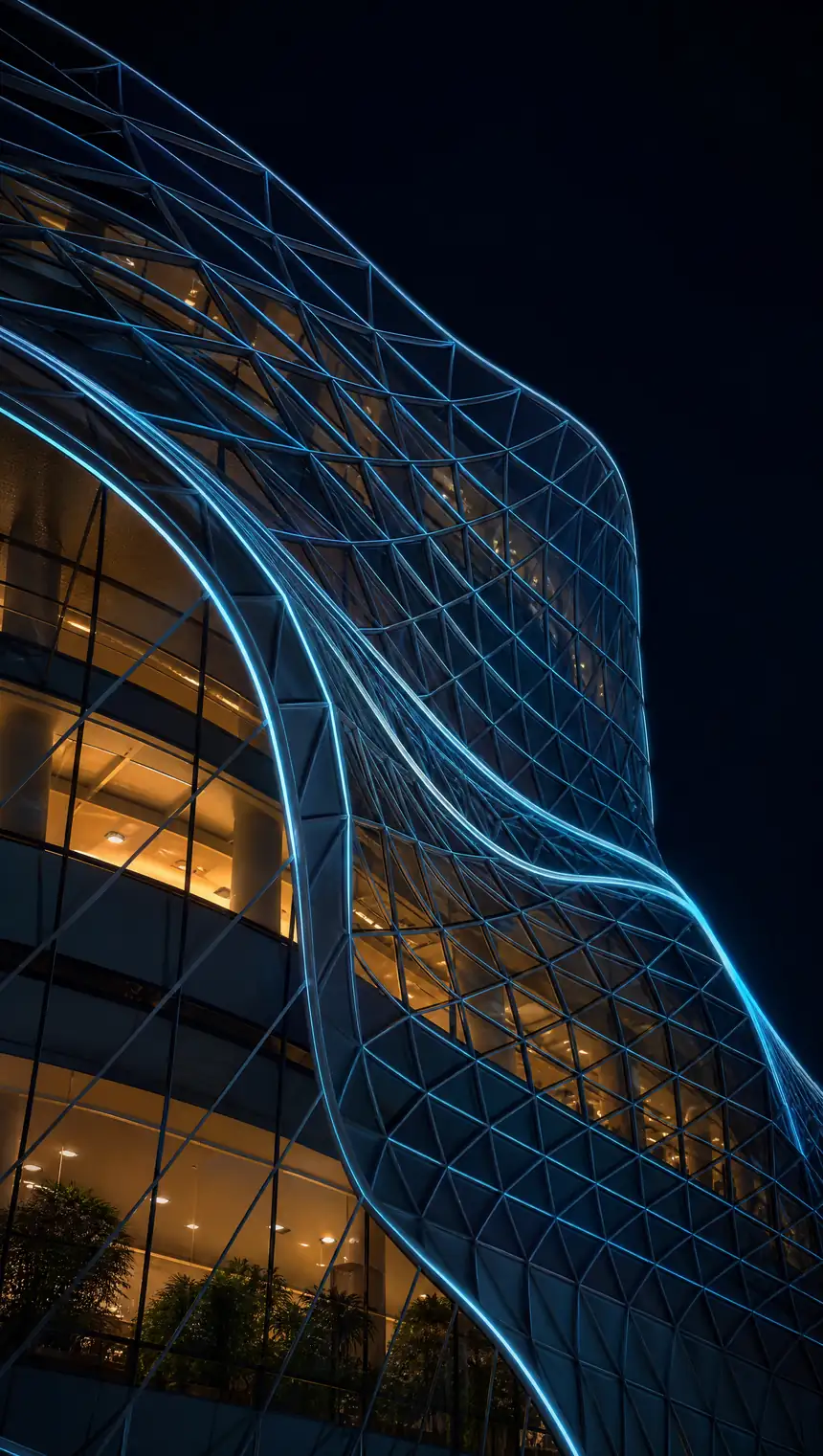 Fachada paramétrica vista de baixo à noite: uma malha triangulada em linhas azuis percorre a curva do edifício, com os pavimentos iluminados atrás do vidro