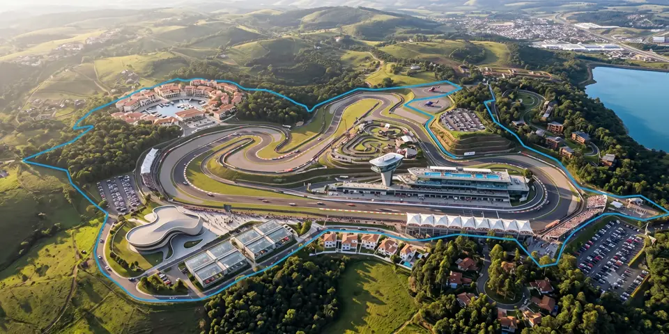 Vista aérea de um masterplan implantado sobre o relevo, com o perímetro do terreno destacado em azul