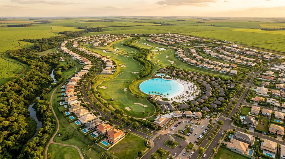Vista aérea ao entardecer de lotes residenciais, viário curvo, áreas verdes e um espelho d'água