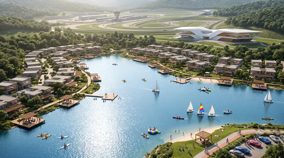Vista aérea de residências ao redor de um lago azul com decks, veleiros e caiaques