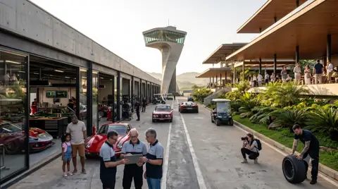 Vista aérea de residências e decks às margens de um lago, com morros ao fundo