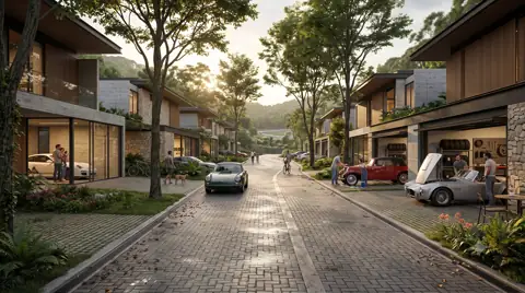 Rua residencial arborizada ao amanhecer, com pavimentação em blocos e garagens abertas