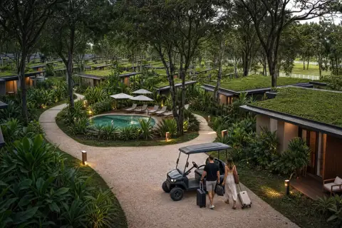 Conjunto de edificações térreas com coberturas verdes entre a mata, ligadas por caminhos sinuosos